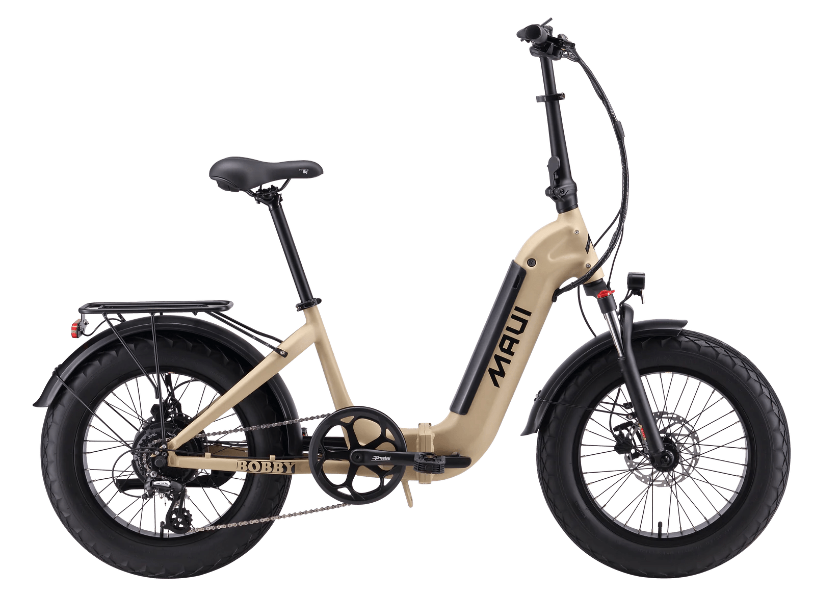 Vélo Maui Bobby en taille unique, couleur sable, avec batterie 48V 15Ah, visible de face avec guidon et cadre élégants.